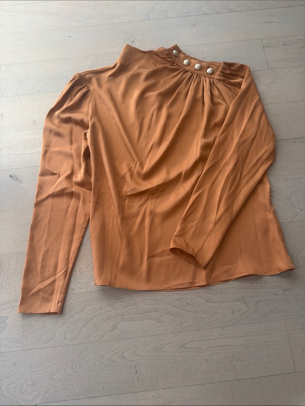 INTERMIX 95% Silk Bronze High-Neck Blouse with Gold Buttons